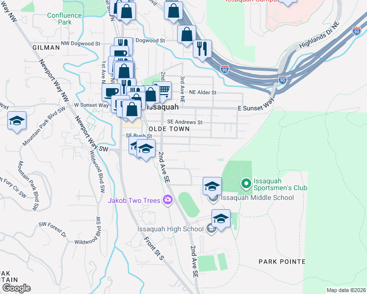 map of restaurants, bars, coffee shops, grocery stores, and more near 340 Southeast Clark Street in Issaquah