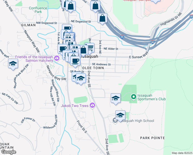 map of restaurants, bars, coffee shops, grocery stores, and more near 240 Southeast Donnelly Lane in Issaquah