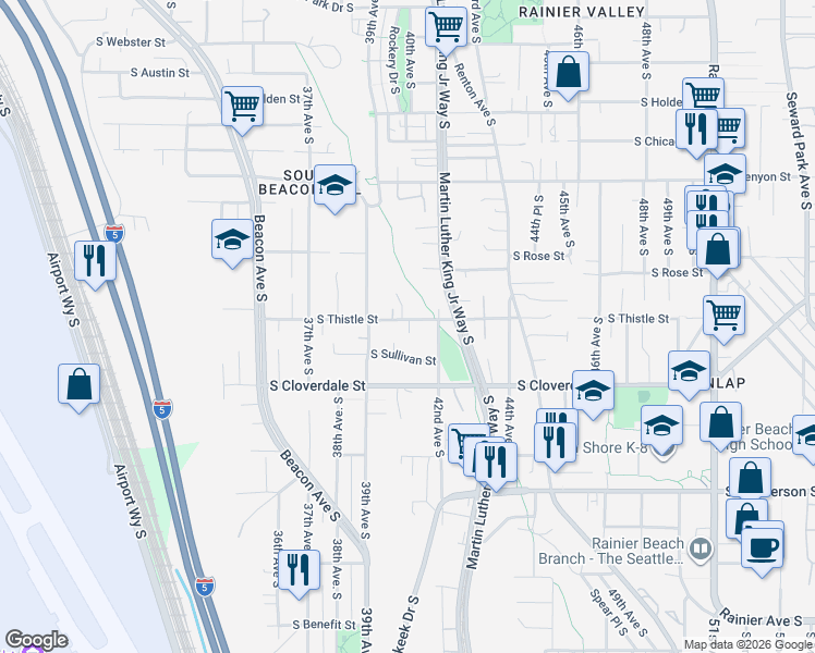 map of restaurants, bars, coffee shops, grocery stores, and more near 8415 42nd Avenue South in Seattle