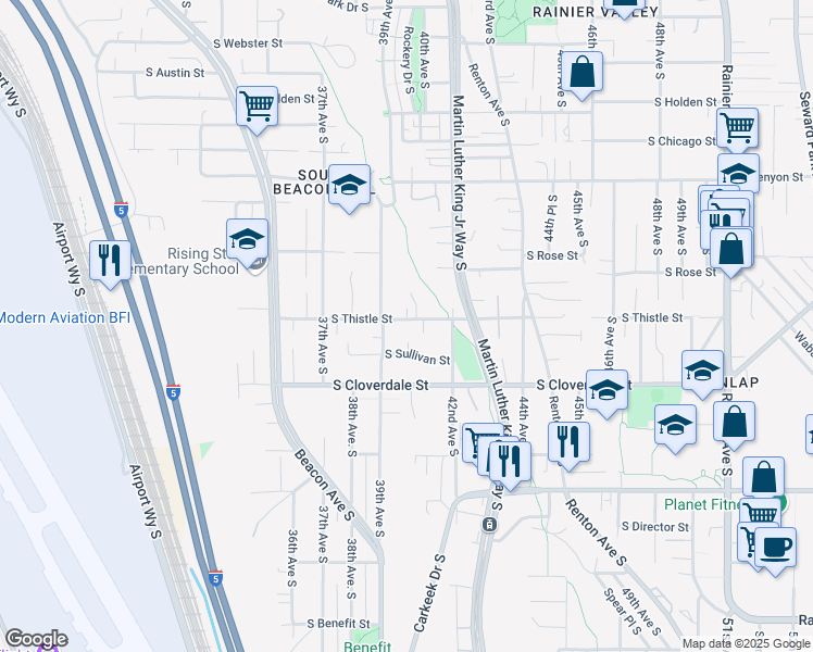 map of restaurants, bars, coffee shops, grocery stores, and more near 3915 South Thistle Street in Seattle