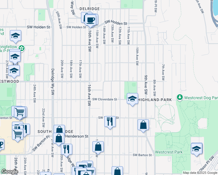 map of restaurants, bars, coffee shops, grocery stores, and more near 8425 13th Avenue Southwest in Seattle