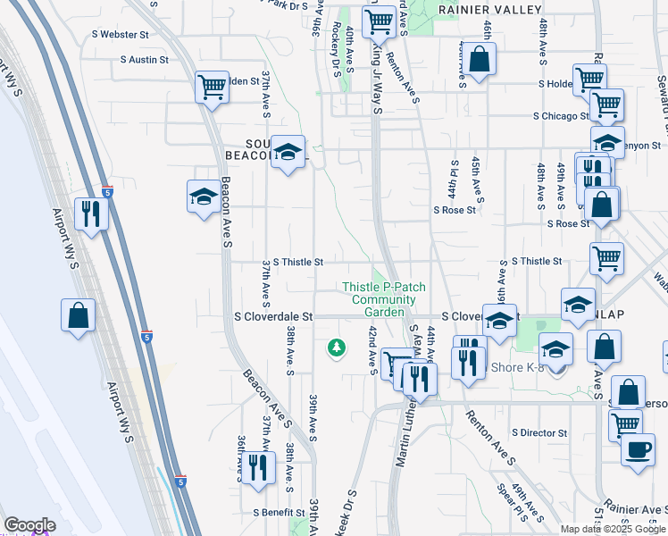 map of restaurants, bars, coffee shops, grocery stores, and more near 3915 South Thistle Street in Seattle