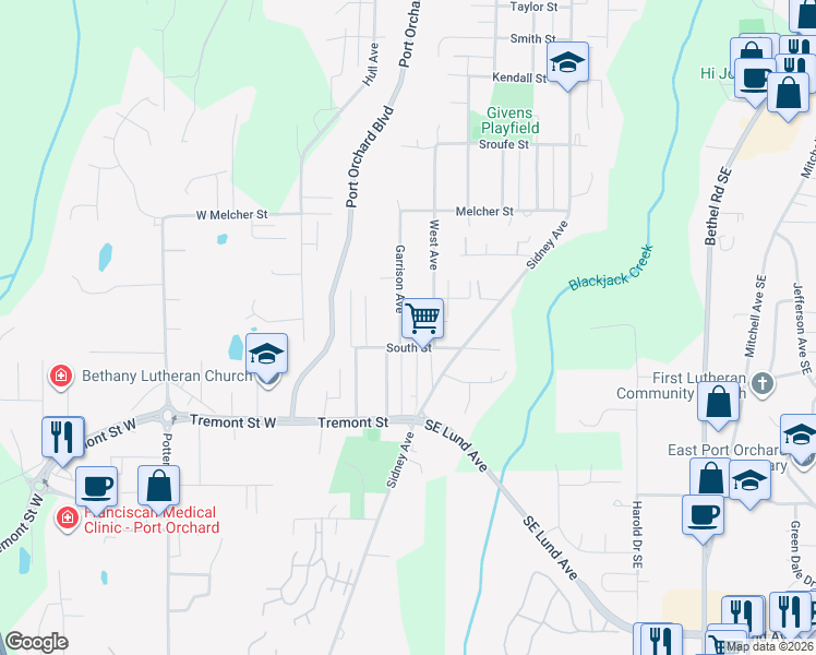 map of restaurants, bars, coffee shops, grocery stores, and more near 1345 Garrison Avenue in Port Orchard