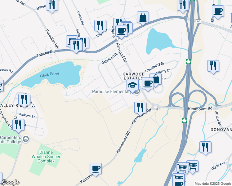 map of restaurants, bars, coffee shops, grocery stores, and more near 68 Silver Birch Crescent in Paradise