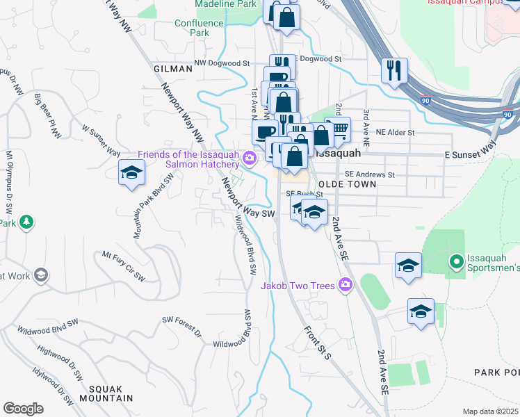 map of restaurants, bars, coffee shops, grocery stores, and more near 275 Front Street South in Issaquah