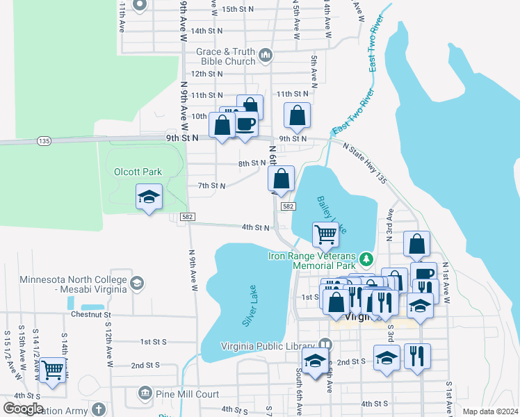 map of restaurants, bars, coffee shops, grocery stores, and more near 601 4th Street North in Virginia