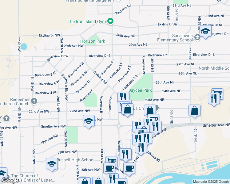 map of restaurants, bars, coffee shops, grocery stores, and more near Division Road in Great Falls