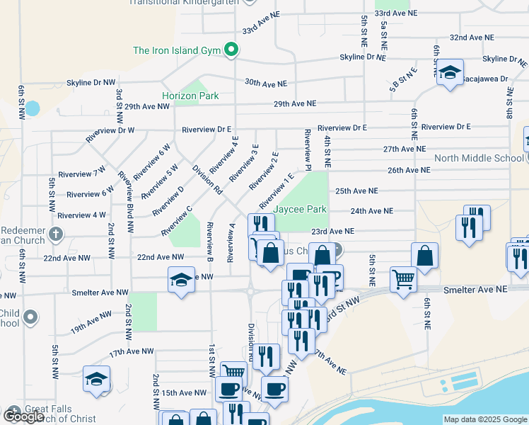 map of restaurants, bars, coffee shops, grocery stores, and more near 108 Riverview 1 East in Great Falls