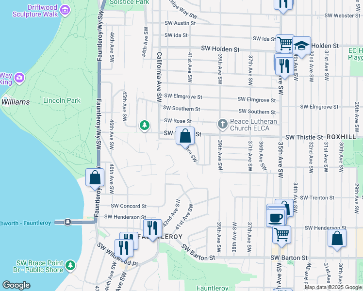 map of restaurants, bars, coffee shops, grocery stores, and more near 8451 42nd Avenue Southwest in Seattle