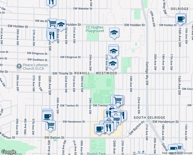 map of restaurants, bars, coffee shops, grocery stores, and more near 2801 Southwest Thistle Street in Seattle