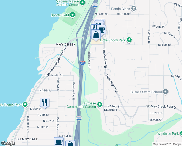 map of restaurants, bars, coffee shops, grocery stores, and more near 4016 Jones Avenue Northeast in Renton