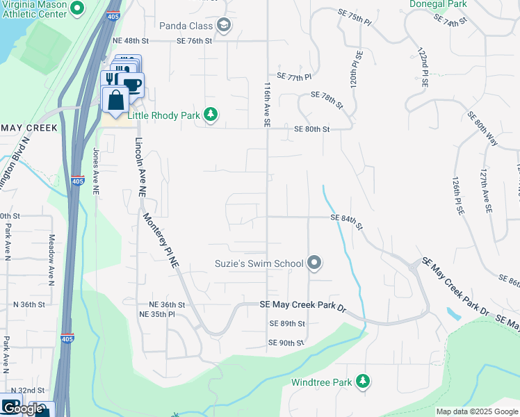 map of restaurants, bars, coffee shops, grocery stores, and more near 8310 115th Place Southeast in Newcastle