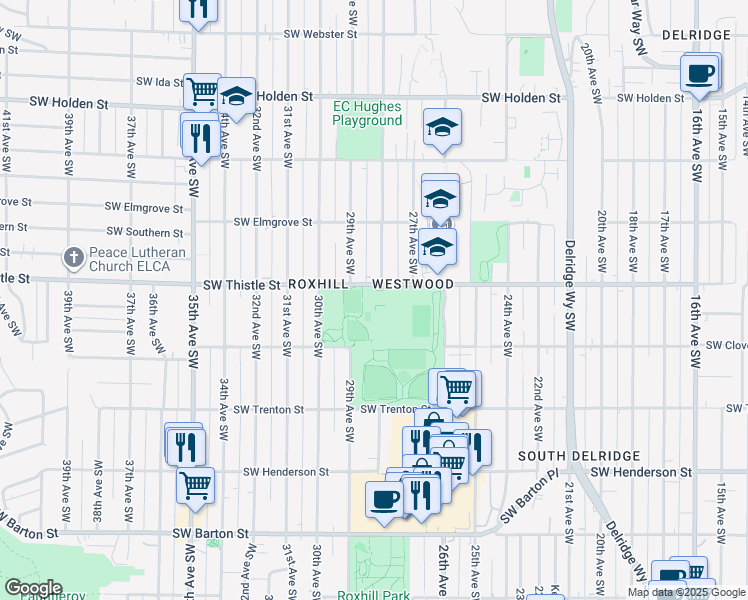 map of restaurants, bars, coffee shops, grocery stores, and more near 2801 Southwest Thistle Street in Seattle