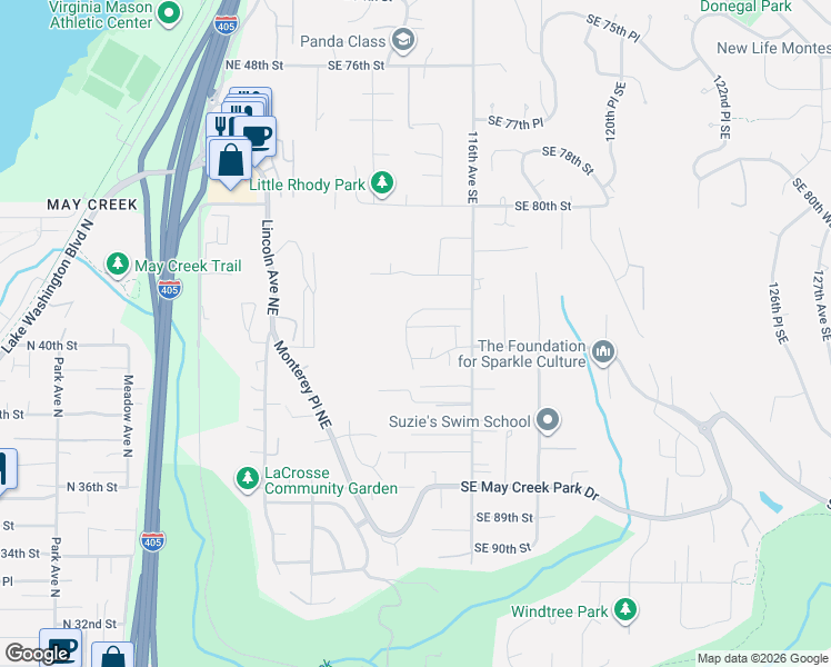 map of restaurants, bars, coffee shops, grocery stores, and more near 11411 Southeast 83rd Place in Newcastle