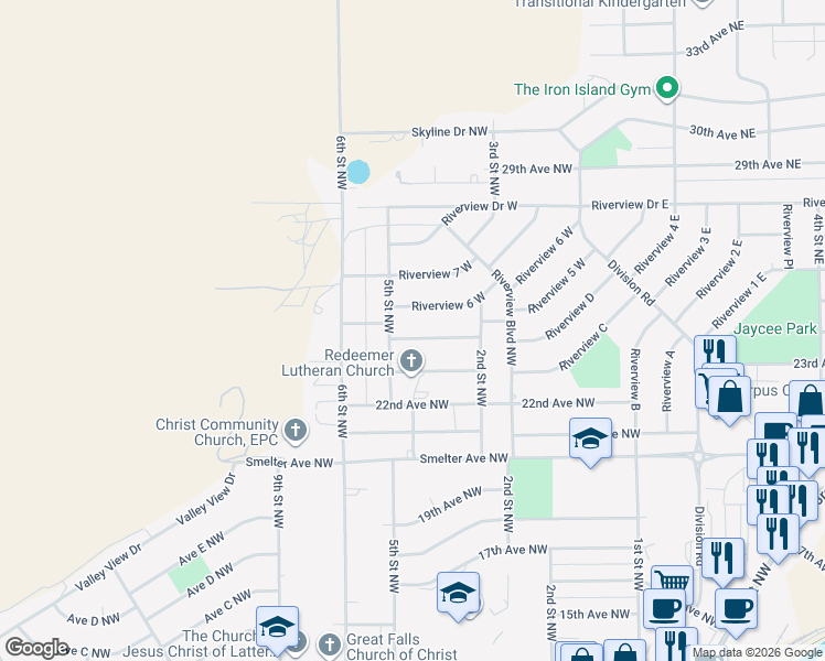 map of restaurants, bars, coffee shops, grocery stores, and more near 324 Riverview 4 West in Great Falls