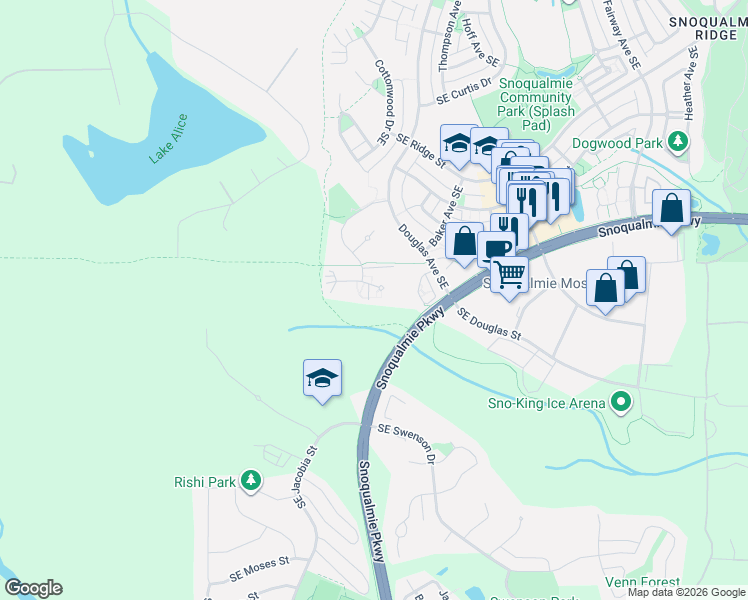 map of restaurants, bars, coffee shops, grocery stores, and more near 34529 Southeast Osprey Court in Snoqualmie