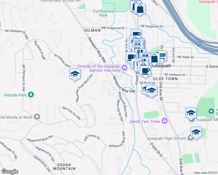 map of restaurants, bars, coffee shops, grocery stores, and more near 210 Southwest Clark Street in Issaquah
