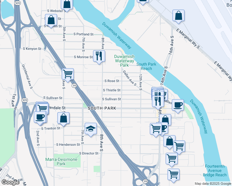 map of restaurants, bars, coffee shops, grocery stores, and more near 856 South Sullivan Street in Seattle