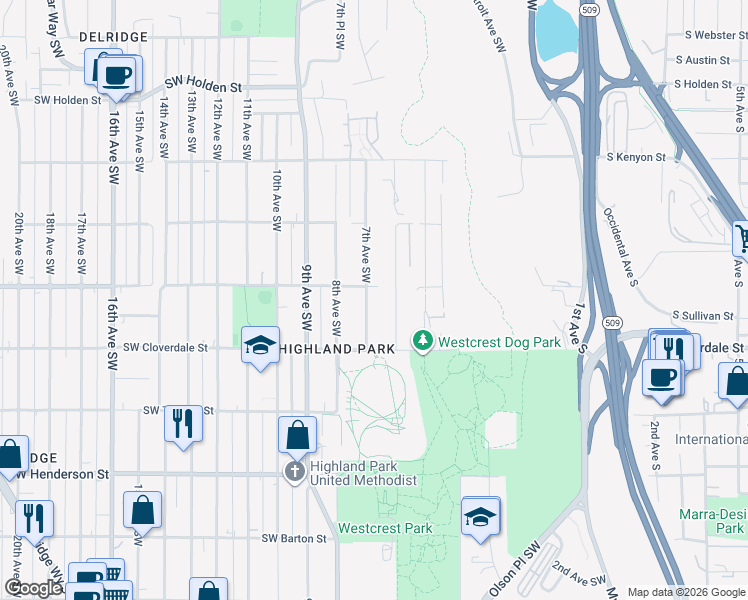 map of restaurants, bars, coffee shops, grocery stores, and more near 8427 7th Avenue Southwest in Seattle