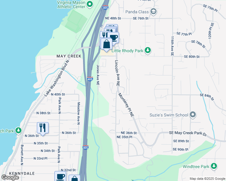 map of restaurants, bars, coffee shops, grocery stores, and more near 1800 Northeast 40th Street in Renton
