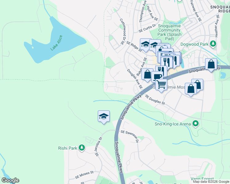 map of restaurants, bars, coffee shops, grocery stores, and more near 34529 Southeast Osprey Court in Snoqualmie