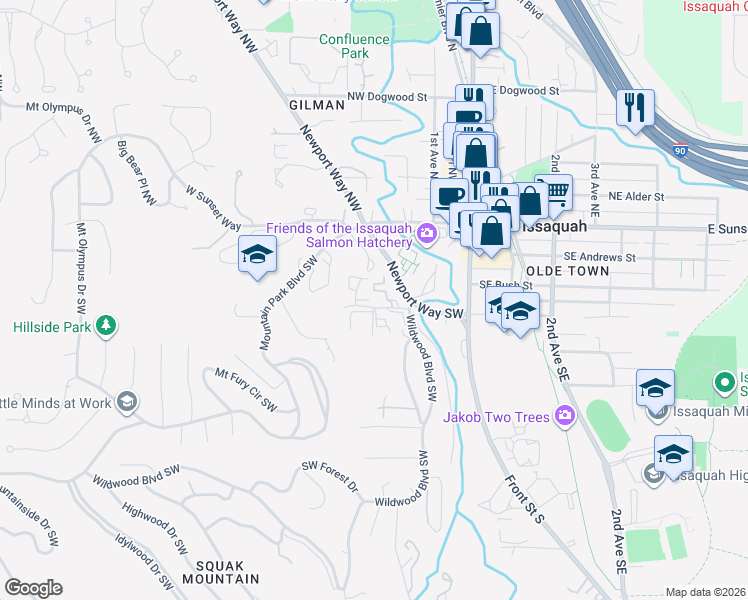 map of restaurants, bars, coffee shops, grocery stores, and more near 210 Southwest Clark Street in Issaquah