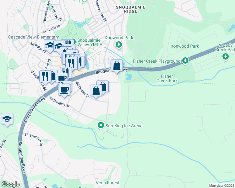 map of restaurants, bars, coffee shops, grocery stores, and more near 8107 Bracken Place Southeast in Snoqualmie