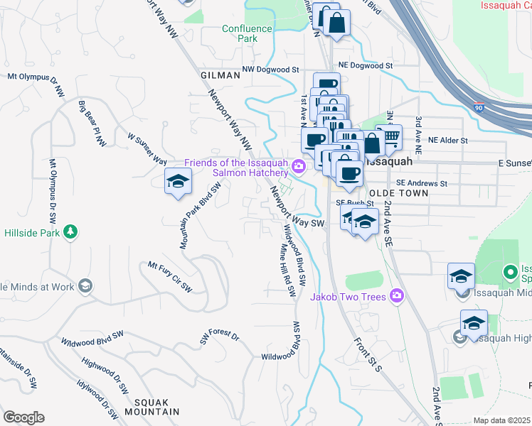 map of restaurants, bars, coffee shops, grocery stores, and more near 210 Southwest Clark Street in Issaquah