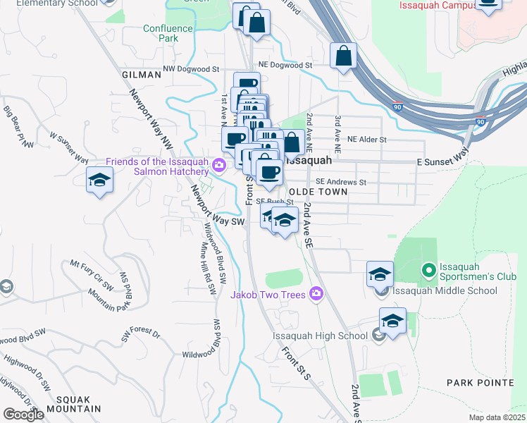 map of restaurants, bars, coffee shops, grocery stores, and more near 50 Southeast Clark Street in Issaquah