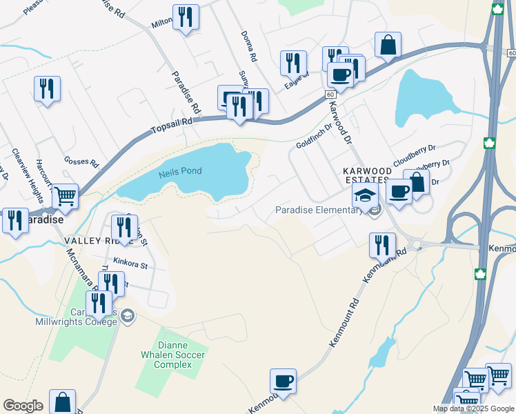 map of restaurants, bars, coffee shops, grocery stores, and more near 27 Yellow Wood Drive in Paradise
