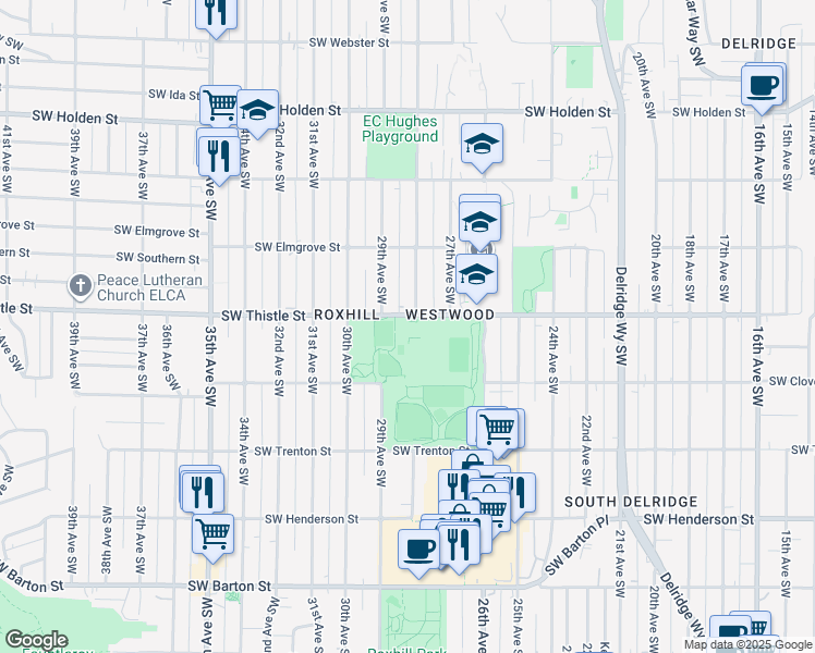 map of restaurants, bars, coffee shops, grocery stores, and more near 2801 Southwest Thistle Street in Seattle