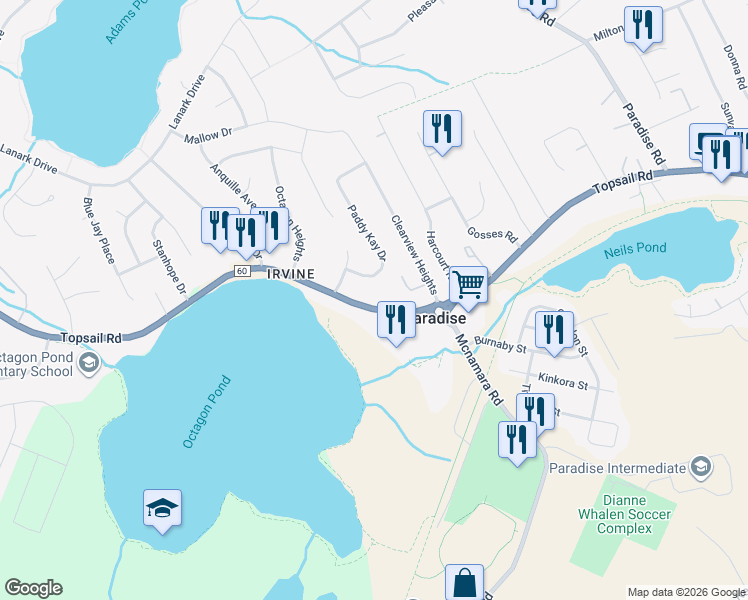 map of restaurants, bars, coffee shops, grocery stores, and more near 1632 Topsail Road in Paradise