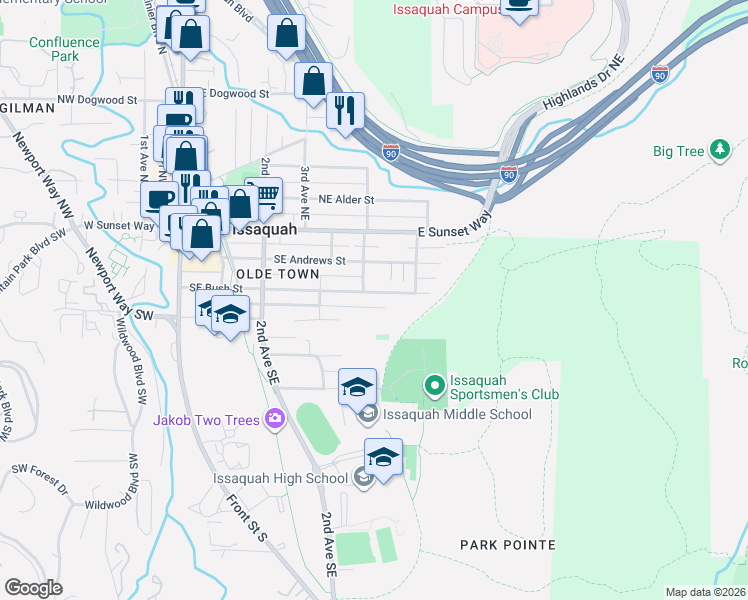 map of restaurants, bars, coffee shops, grocery stores, and more near 529 Southeast Bush Street in Issaquah