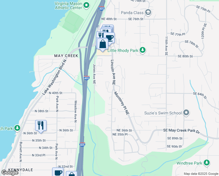 map of restaurants, bars, coffee shops, grocery stores, and more near 3925 Lincoln Avenue Northeast in Renton
