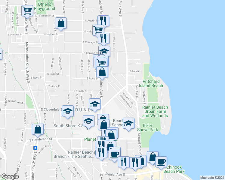 map of restaurants, bars, coffee shops, grocery stores, and more near 5150 South Cloverdale Street in Seattle