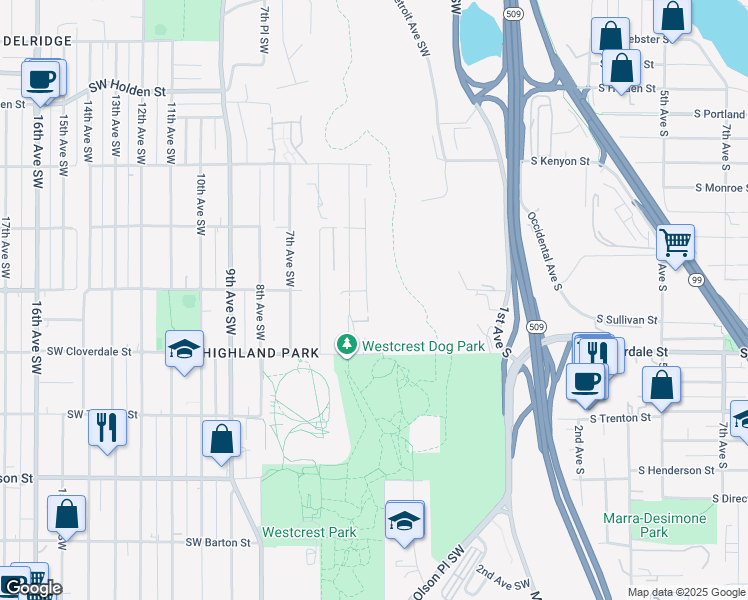 map of restaurants, bars, coffee shops, grocery stores, and more near 8430 5th Avenue Southwest in Seattle
