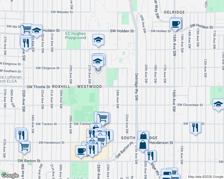 map of restaurants, bars, coffee shops, grocery stores, and more near 8424 25th Avenue Southwest in Seattle