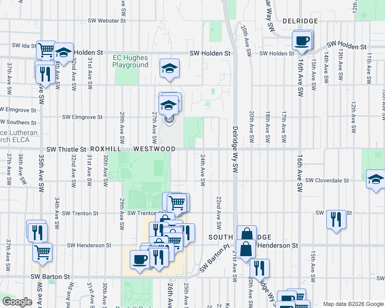 map of restaurants, bars, coffee shops, grocery stores, and more near 8424 25th Avenue Southwest in Seattle