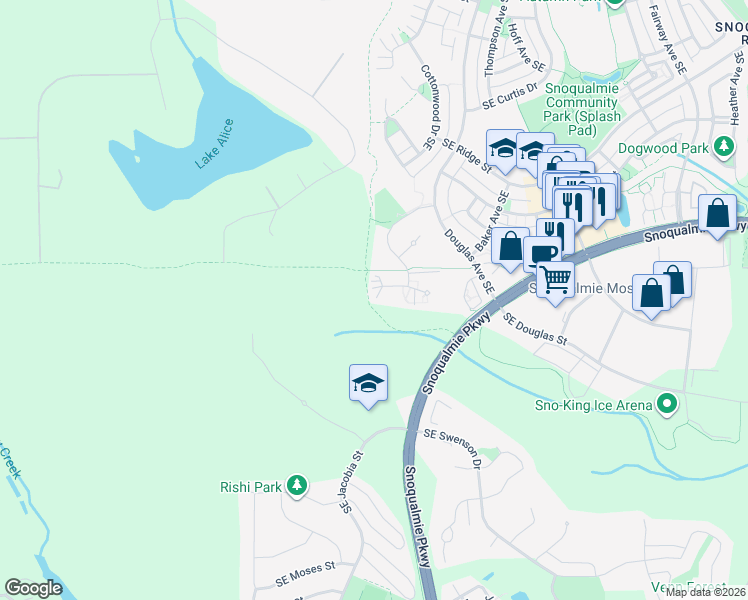 map of restaurants, bars, coffee shops, grocery stores, and more near 34405 Southeast Osprey Court in Snoqualmie