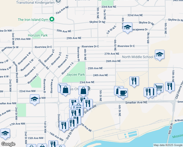 map of restaurants, bars, coffee shops, grocery stores, and more near 412 24th Avenue Northeast in Great Falls