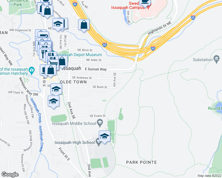 map of restaurants, bars, coffee shops, grocery stores, and more near 585 Southeast Bush Street in Issaquah