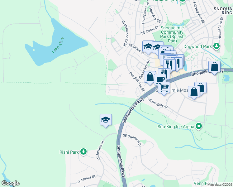map of restaurants, bars, coffee shops, grocery stores, and more near 34405 Southeast Osprey Court in Snoqualmie