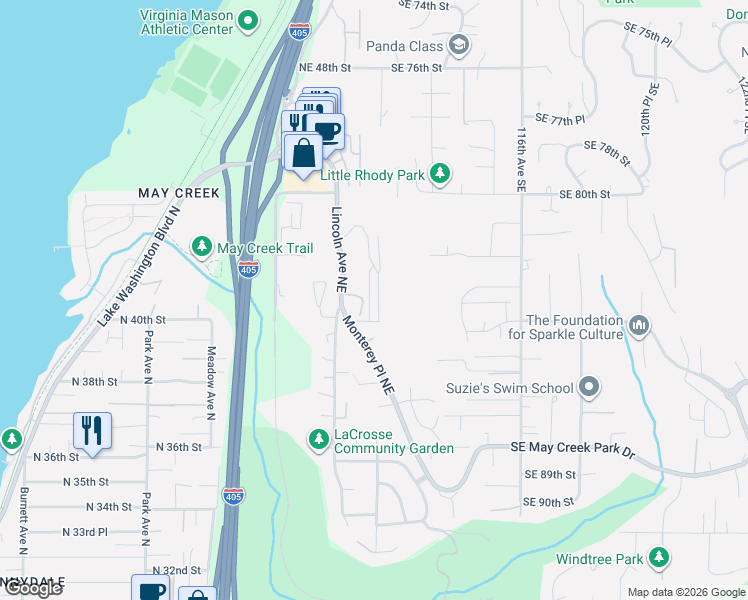 map of restaurants, bars, coffee shops, grocery stores, and more near 4033 Aberdeen Way Northeast in Renton