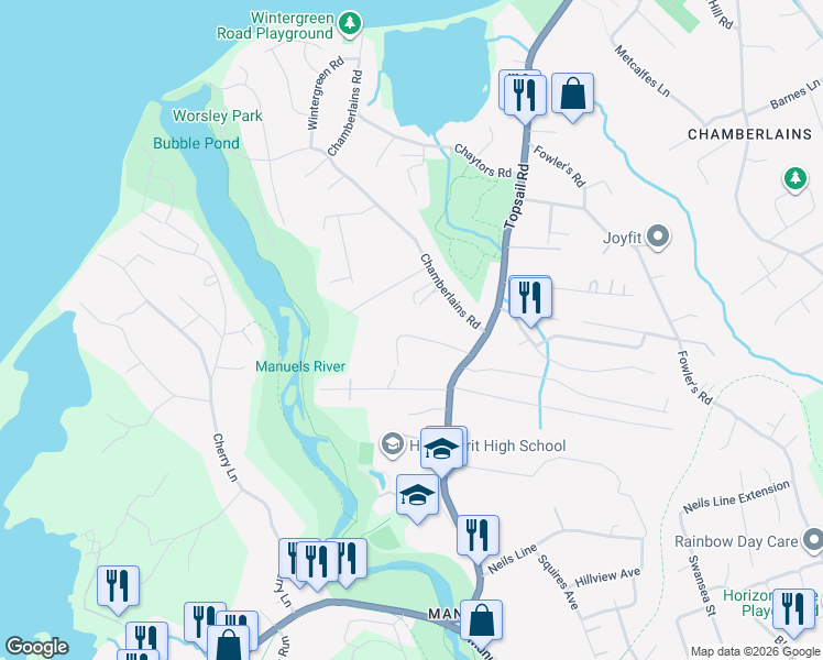 map of restaurants, bars, coffee shops, grocery stores, and more near 35 Mercers Road in Conception Bay South