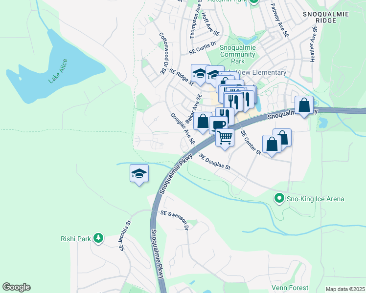 map of restaurants, bars, coffee shops, grocery stores, and more near 8115 Douglas Avenue Southeast in Snoqualmie