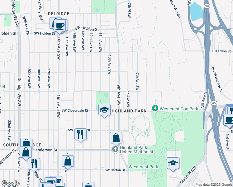 map of restaurants, bars, coffee shops, grocery stores, and more near 8426 10th Avenue Southwest in Seattle