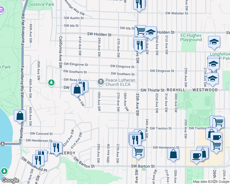 map of restaurants, bars, coffee shops, grocery stores, and more near 3727 Southwest Sullivan Street in Seattle