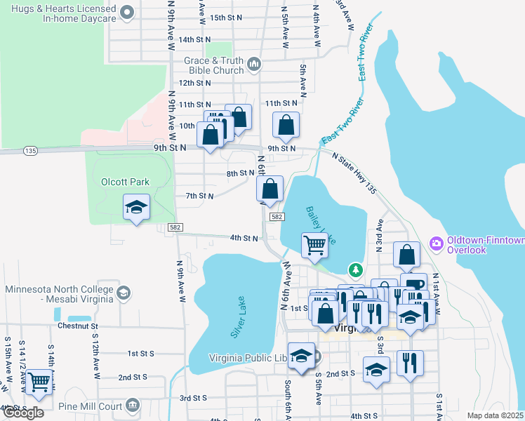 map of restaurants, bars, coffee shops, grocery stores, and more near 601 4th Street North in Virginia