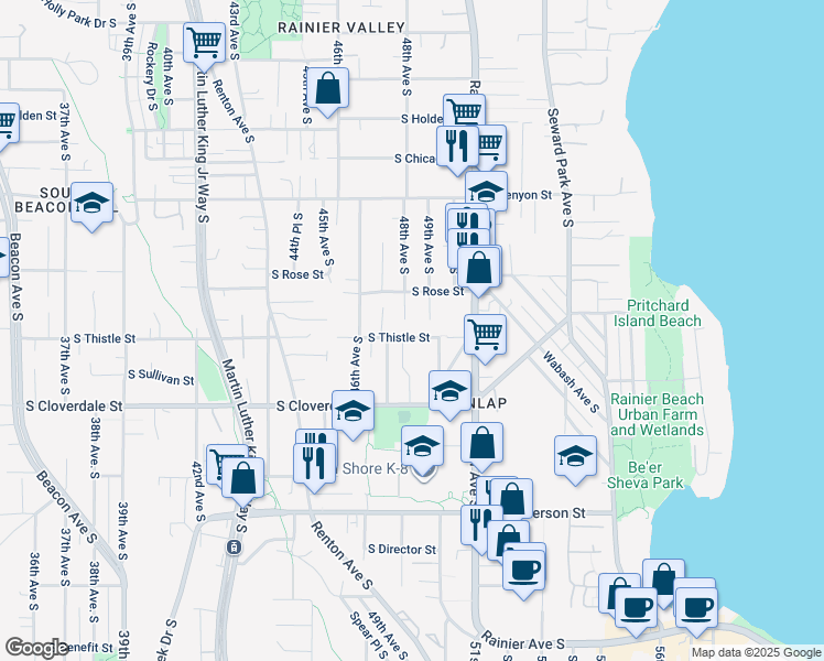 map of restaurants, bars, coffee shops, grocery stores, and more near 8414 48th Avenue South in Seattle