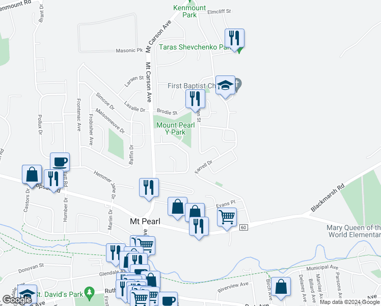 map of restaurants, bars, coffee shops, grocery stores, and more near 43 Dunluce Crescent in Mount Pearl